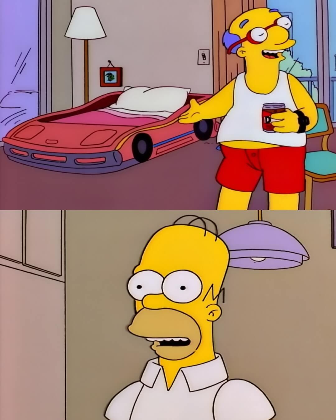 Duermo en un auto de carreras, ¿y tu? | En una cama grande con mi esposa. - El papá de Milhouse se divorcia, y le cuenta a Homero lo bueno que es la vida de soltero.